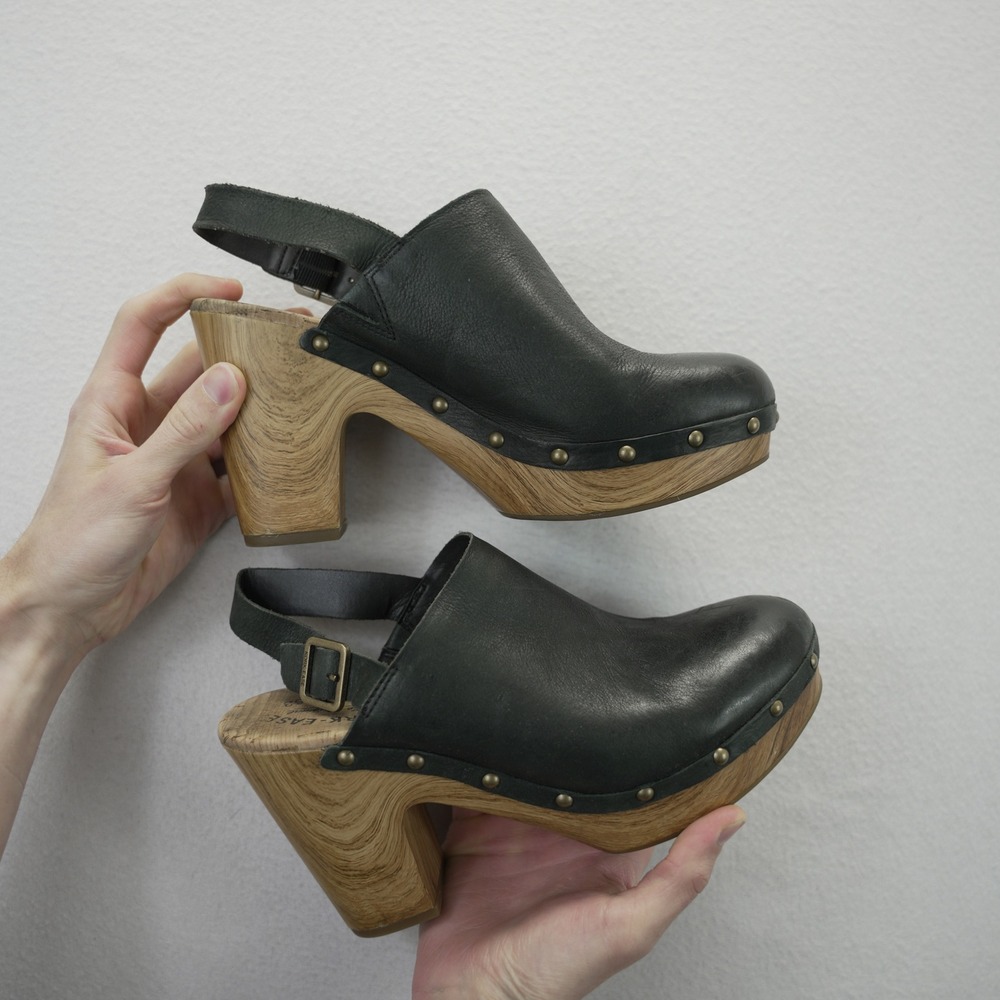 Kork-Ease Black Leather Darby Slingback Clog Wood Platform Block Heel Studded 9M